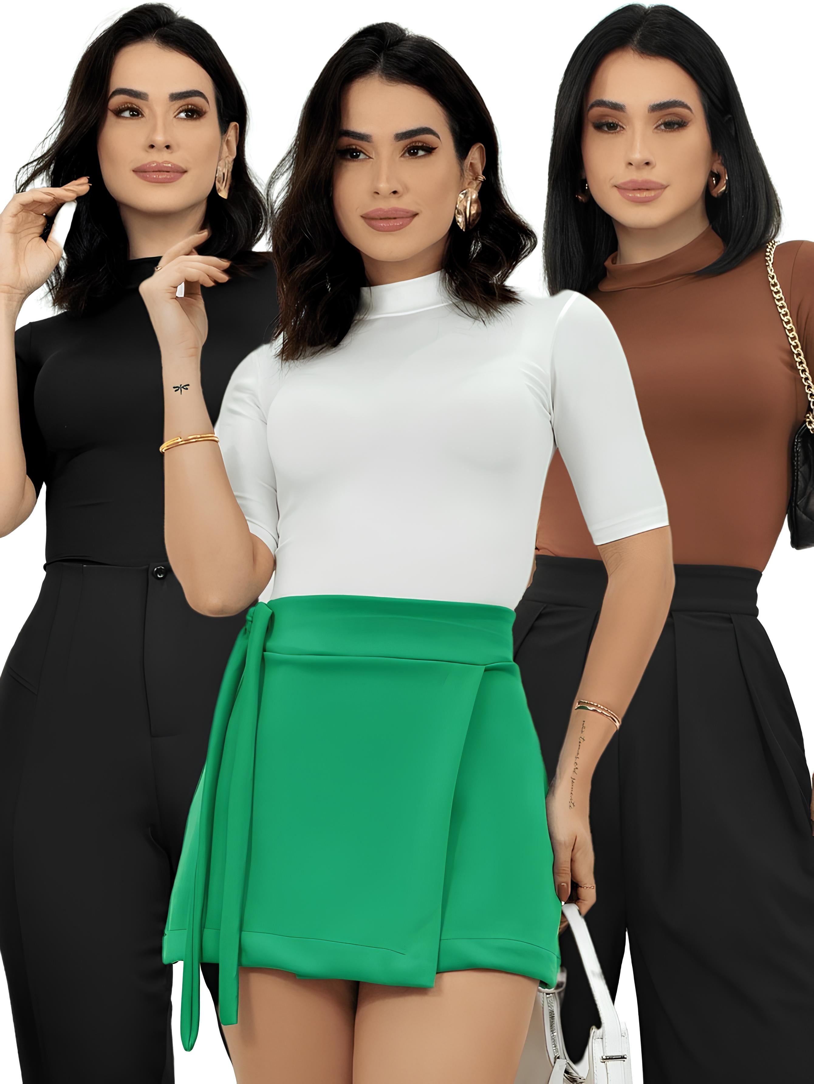 Blusa Manga Curta Gola Alta (Kit 3 T-Shirt)