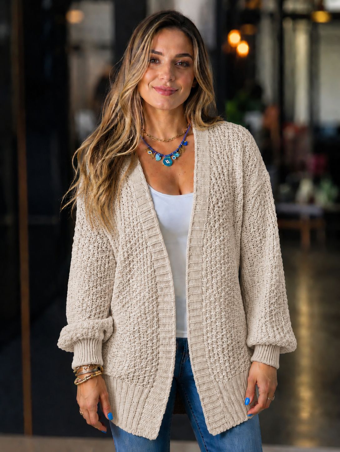 Blusa Manga Longa Cardigan de Tricôt