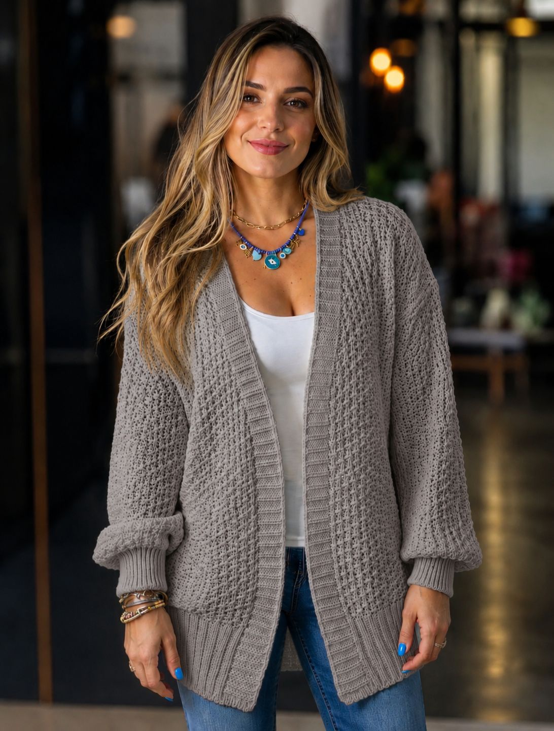 Blusa Manga Longa Cardigan de Tricôt