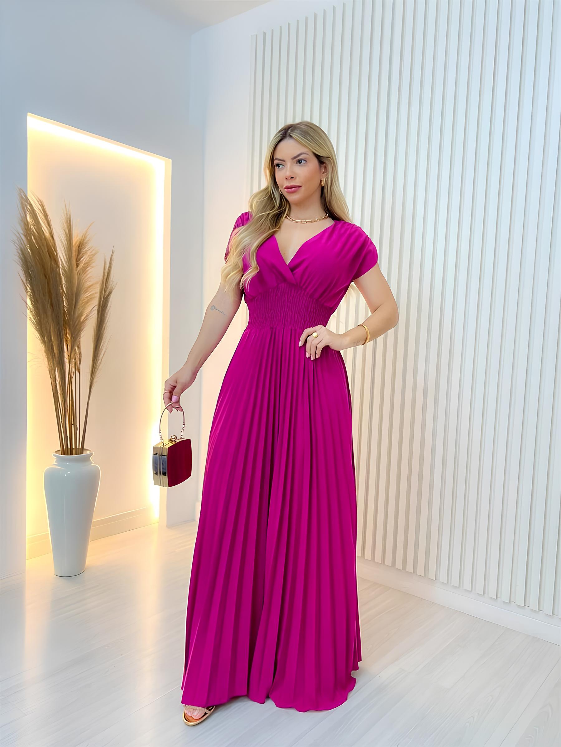 Vestido Longo Com Elástico Plissado