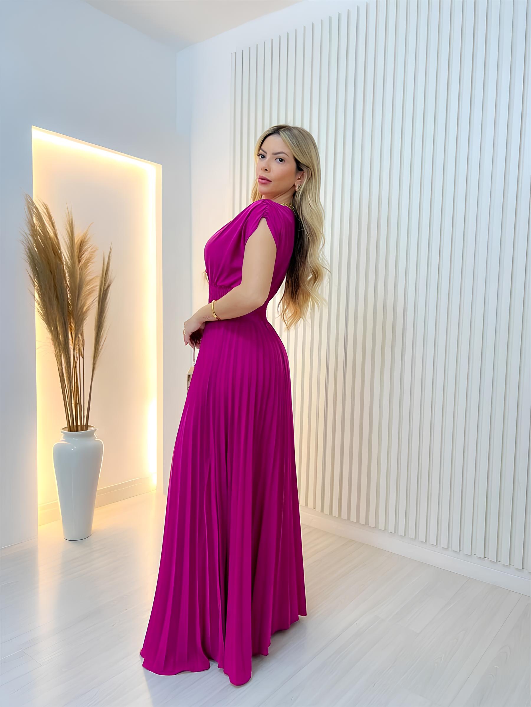 Vestido Longo Com Elástico Plissado